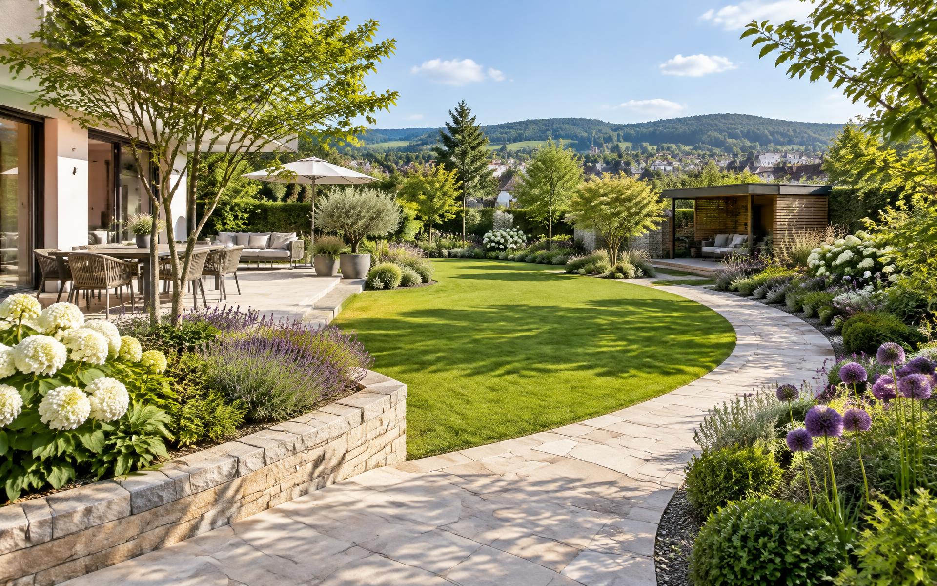 Gepflegter Garten mit Natursteinweg und Rasen